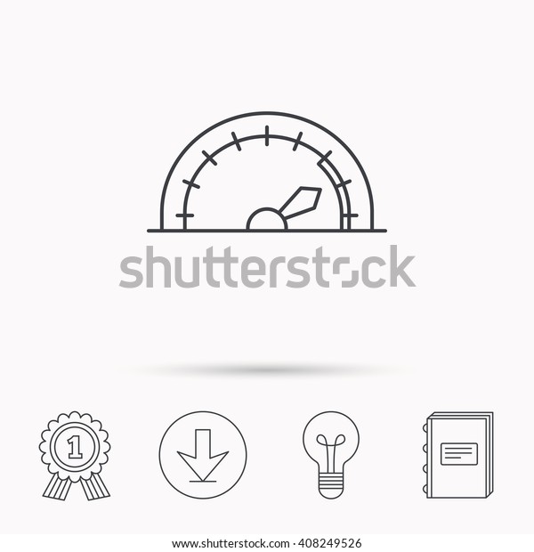Speedometer icon. Speed\
tachometer with arrow sign. Download arrow, lamp, learn book and\
award medal\
icons.