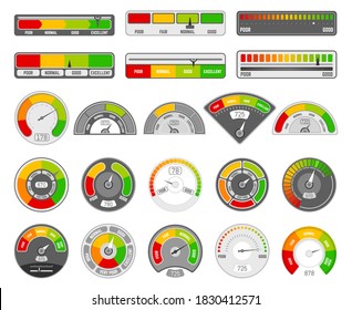 Speedometer indicator level. Quality rating indication, goods grade tachometer indicators, satisfaction score indicators  icons set. Illustration bar indicate, minimum medium and max