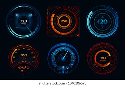 Speedometer indicators. Power meters, fast or slow internet connection speed meter stages. Automobile digital odometer indicator display technology for racing game  isolated icons concept set - Powered by Shutterstock