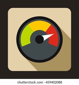 Speedometer at maximum speed icon in flat style with long shadow. Auto spare parts symbol