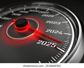 Speedometer with needle moving to the year 2025. 3d rendering