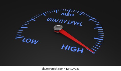 speedometer with quality level, with needle on the high value (3d render)