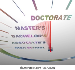 A speedometer shows the various levels of college degrees - Powered by Shutterstock