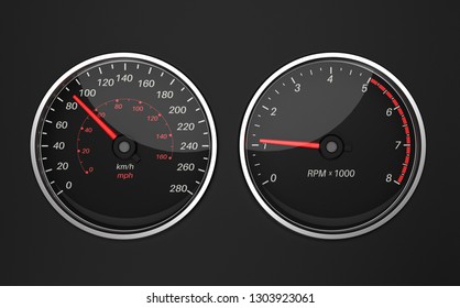 Speedometer and tachometer. Black car dashboard elements. 3d rendering illustration
