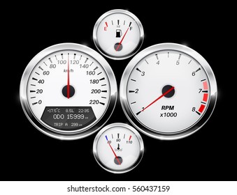 Speedometer, Tachometer, Fuel And Temperature Gage. Car Dashboard. 3d Illustration On Black Background. Raster Version.