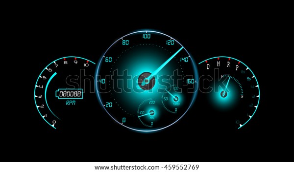 Speedometer, tachometer, fuel and temperature\
gauge isolated black\
background