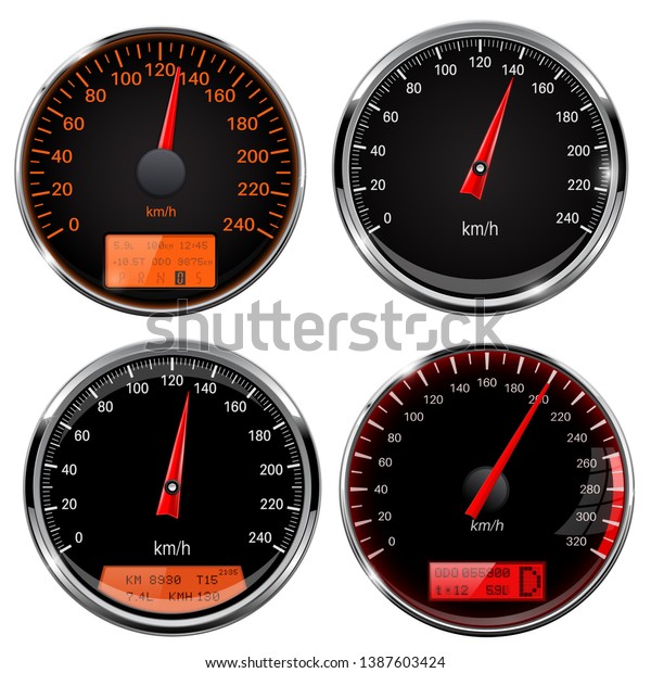 Speedometers and tachometers. Car dashboard black\
gauges with chrome frame. 3d illustration isolated on white\
background. Raster\
version