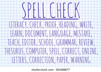 Spell check word cloud written on a piece of paper