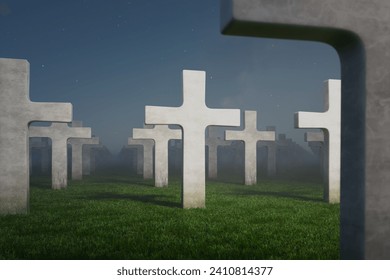 A spellbinding twilight scene blankets a tranquil cemetery, where cross-shaped tombstones rise through the fog, embodying a poignant blend of remembrance and eternal stillness.