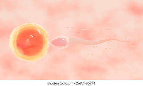 Sperm approaching a large egg cell, a microscopic visualization of the biological process of human or animal fertilization and reproduction. 3D render.