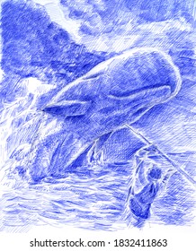 Sperm Whale And Whaler. Man And Wildlife. Survival. Extermination Of Species.  Internal Struggle. Psycology. Blue Pen Illustration. Consept Art. Printable Illustration. Cover