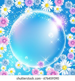 Sphere bubbles surrounded by sparkling fireworks and flowers. 