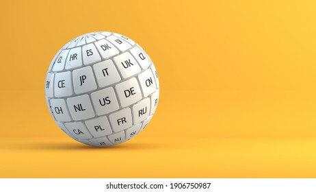 Sphere of cubes with countries on orange bakground. Global internet, technology, translate languages, business concept. 3d rendering