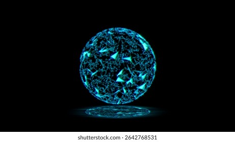 Sphere, globe and space in the form of a plexus. Abstract geometric background with moving lines, dots and triangles. Plexus fantasy abstract technology