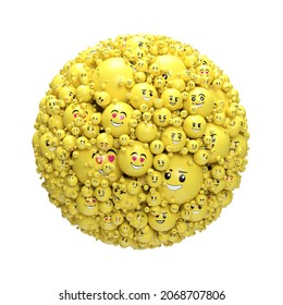 Kugel bestehend aus Tausenden von Emoticons auf weißem Hintergrund - 3D-Rendering