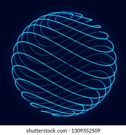 Sphere With Twist Lines. Background For Business Event. Wireframe Technology Blue Sphere. 3d Rendering.