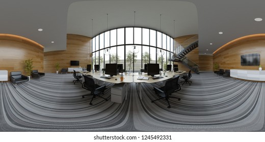 Spherical 360 Panorama Projection Interior Open Space Office 3D Illustration