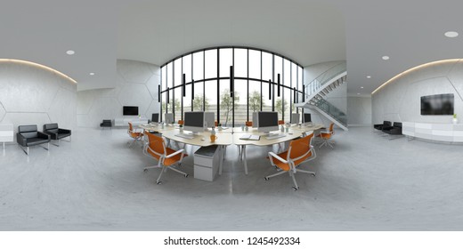 Spherical 360 panorama projection Interior open space office 3D illustration