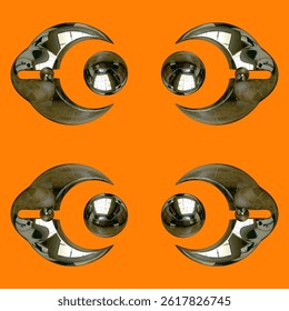 Spherical chrome objects on orange — retro-futuristic Pop Art.