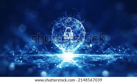 Spherical interconnected polygons, with a large padlock inside, prominent in the center, light below. Binary code polygons and small padlocks Center focus, blur outside with dark blue background.