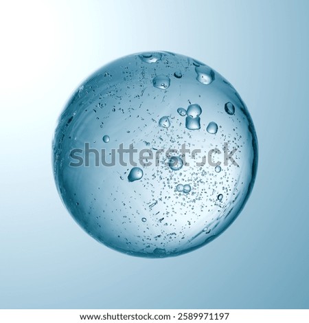 spherical object made of clear material is submerged in water, showcasing numerous bubbles rising within. Soft lighting enhances its translucent appearance, creating an ethereal effect. 3d render