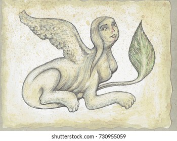 Sphinx  beautiful ancient beast  Mythical creature and head human  body lion   wings  drawing hand  mixed media  pencil  book illustration to the European 