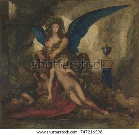 Sphinx in a Grotto , by Gustave Moreau, 1850-90, French Romantic/Symbolism. Watercolor painting depicting Sphinx with the dead bodies of a Poet, King, and Warrior, in a fantastical image of the deadly