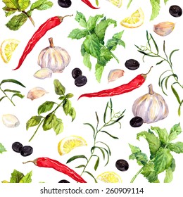 Spices and herbs (red pepper, garlic, olives, marjoram, basil). Repeating cooking pattern. Watercolor