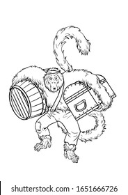 Spider monkey with treasure coloring page. Funny outline clipart illustration. Monkey and apes pirates coloring sheet.