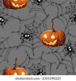 Spider webs and pumpkins. Seamless pattern with cartoon spider. Halloween background. - Powered by Shutterstock