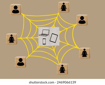 spider webs that connect ideas, exchanging data and technology, and block cubes with symbols of men and girls - Powered by Shutterstock