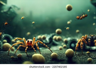 Spiders Infest The Houses Of The Town At Night. An Urban Infestation Of Large Spider Webs Is Terrifying On Halloween And Symbolizes An Epidemic And Pollution. 3D Rendering. 3D Illustration