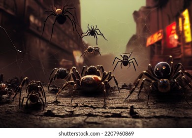 Spiders Run On The Streets At Night. They Weave Huge Webs In Urban Areas, Invading Houses And Affecting Health Of People. It's An Infestation And A Symbol Of Epidemic And Arachnophobia. 3D Rendering.