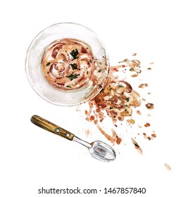 Spilled Bowl Of Soup. Watercolor Illustration