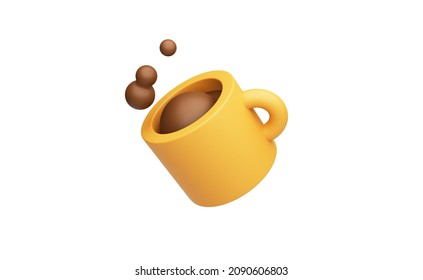 Spilled coffee isolated on white background. Floating cup spilling hot chocolate or cocoa. Cartoon icon. 3D Rendering