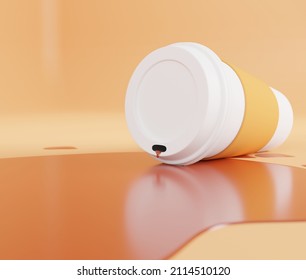 Spilled Coffee Paper Cup. 3d Rendering Illustration