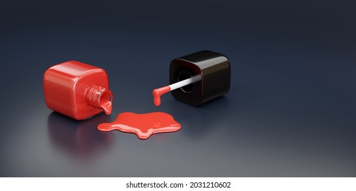 Spilled Red Nail Polish Bottle On Dark Background. 3d Illustration.