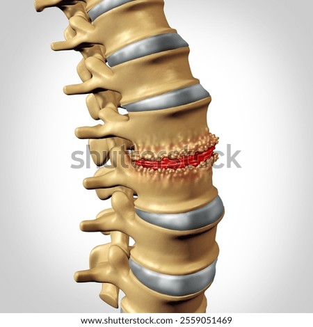 Spinal Osteophyte Formation as a bone spur growth osteophytes along the edges of the vertebrae in the spine resulting in back pain as a Degenerative Disc Disease with 3D illustration elements.