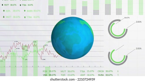 Spinning Globe Icon Over Financial And Stock Market Data Processing Against White Background. Global Finance And Business Concept