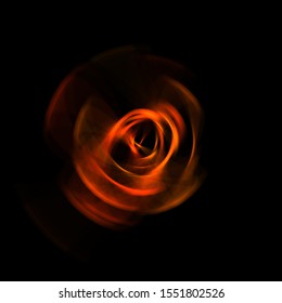 Spinning rays of light isolated on black background. Graphic 2D illustration of glowing colorful light particles in circular motion.