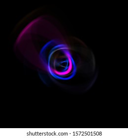 Spinning rays of light isolated on black background. Graphic 2D illustration of glowing colorful light particles in circular motion.