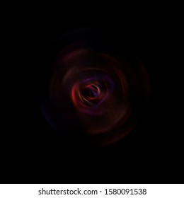 Spinning rays of light isolated on black background. Graphic 2D illustration of glowing colorful light particles in circular motion.