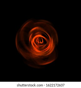 Spinning rays of light isolated on black background. Graphic 2D illustration of glowing colorful light particles in circular motion.