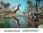 Spinosaurus and ankylosaurus in the nature. This is a 3d render illustration.