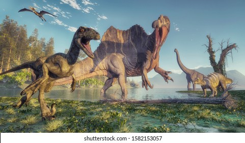 Spinosaurus e deinonychus na selva. Esta é uma ilustração de renderização 3D.