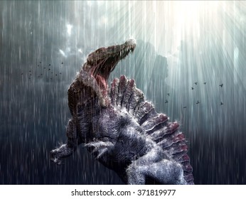 Spinosaurus feeling at home during a tropical storm.