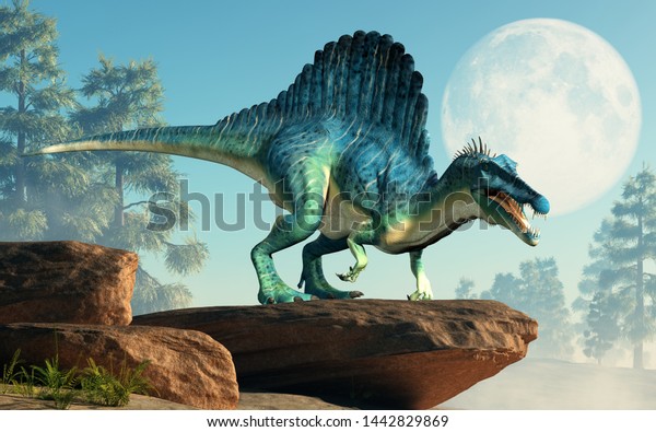 月のそばの崖の上にスピノサウルス スピノサウルスは白亜紀の半水生恐竜だった それは最大級の肉食のディノの一つだった 3dレンダリング のイラスト素材 1442829869