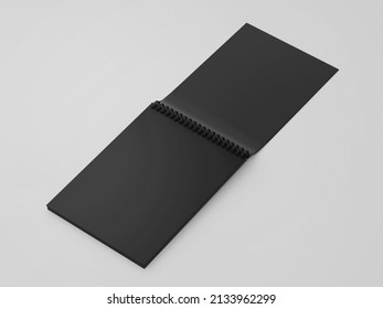 Spiral binder notebook, Black notepad mock up, 3d rendering isolated on light gray background