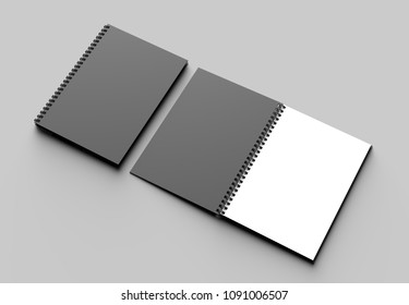 Spiral Binder Notebook Mock Up With Black Cover Isolated On Soft Gray Background. 3D Illustration.