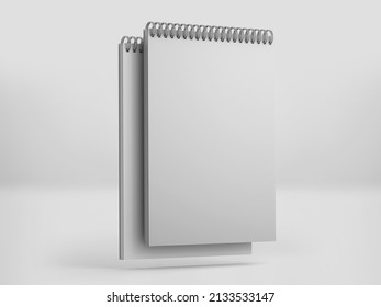 Spiral binder notebook, White notepad mock up, 3d rendering isolated on light gray background